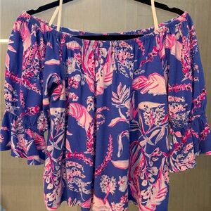 Lilly Pulitzer Blue and Pink Floral Off-Shoulder Blouse